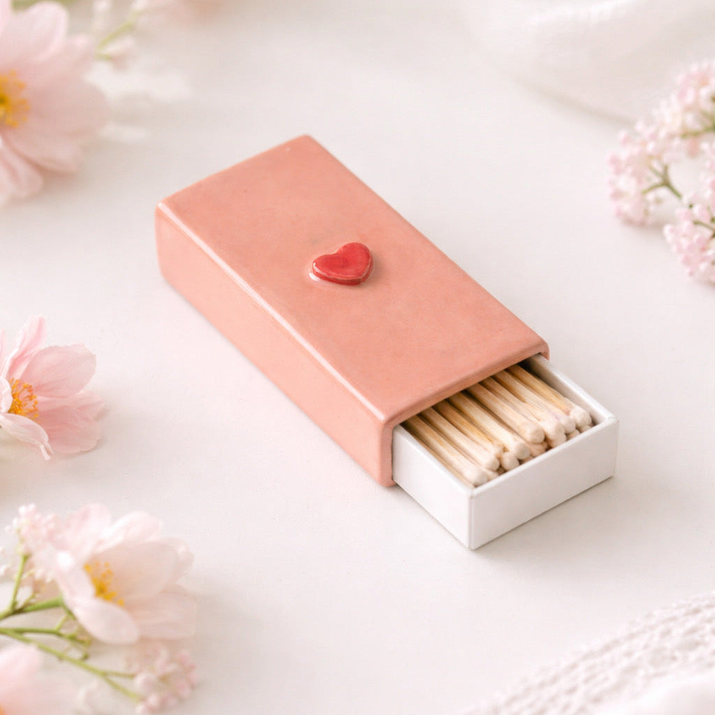 Handmade ceramic matchbox with pink glaze and 3D heart design.