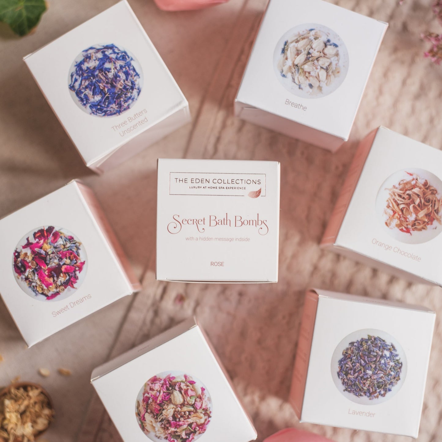 All natural bath bombs with organic butters, pure essential oils and a hidden message inside, now in elegant, individual boxes. Made by The Eden Collections