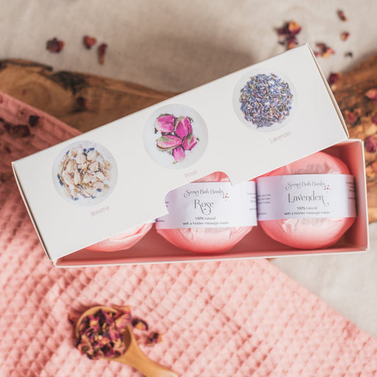 Secret Bath Bomb collection. Secret Bath Bombs in a gift box. All natural, handmade, aromatherapeutic, skincare bath bombs by The Eden Collections.