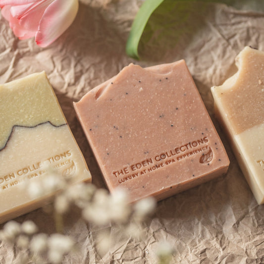 Exfoliating, unscented scrub bar with red clay and organic butters. All natural handmade soap by The Eden Collections.