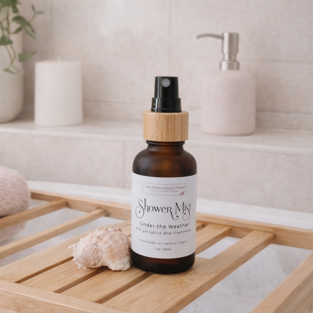 Ai photo of a shower mist made by The Eden Collections. A aromatherapy shower mist is photographed in a bathroom on a wooden tray.