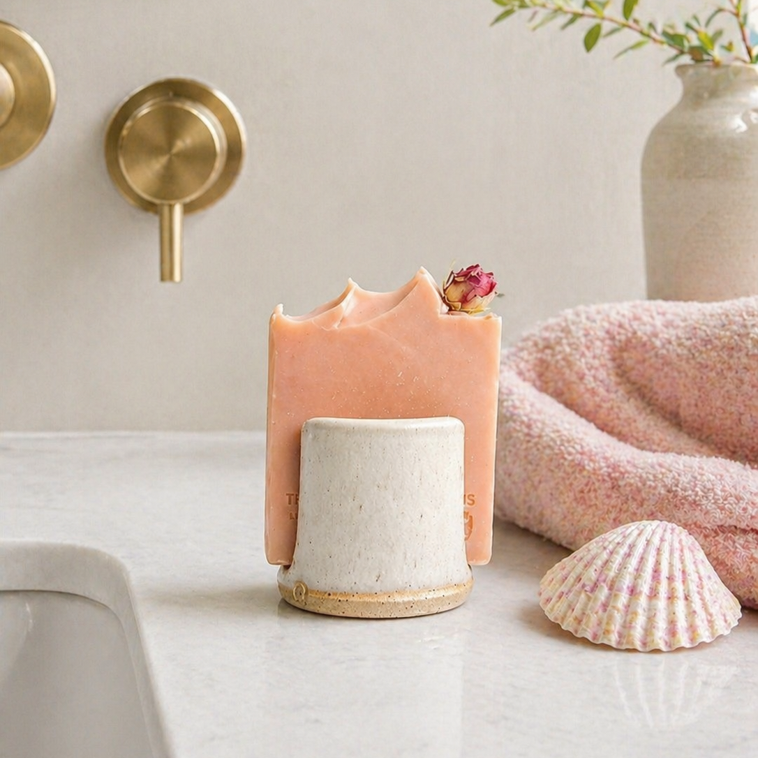 Handmade ceramic soap holder and all natural soap bundle by The Eden Collections. Product photo in a modern bathroom with pink towel and shell. 
