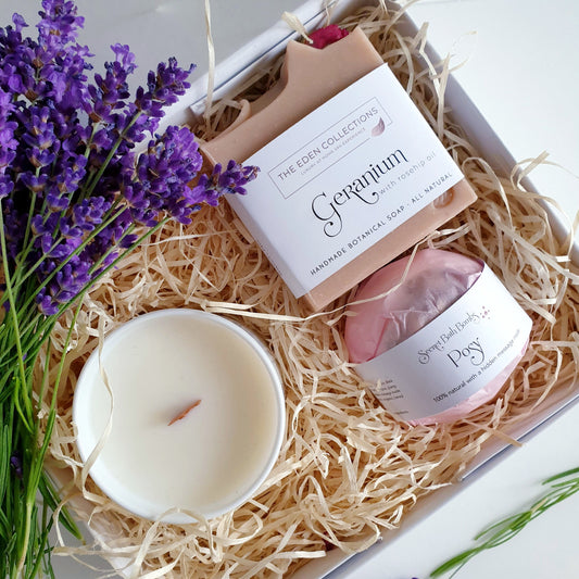 Luxury gift set by The Eden Collections with candle, soap and secret bath bomb in a beautiful gift box.
