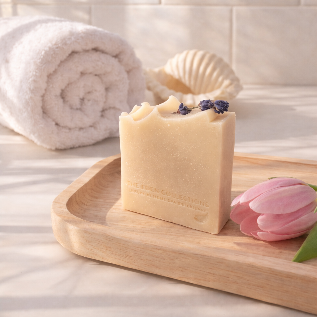 All natural soap bar with lavender and coconut milk. Handmade by The Eden Collections. 