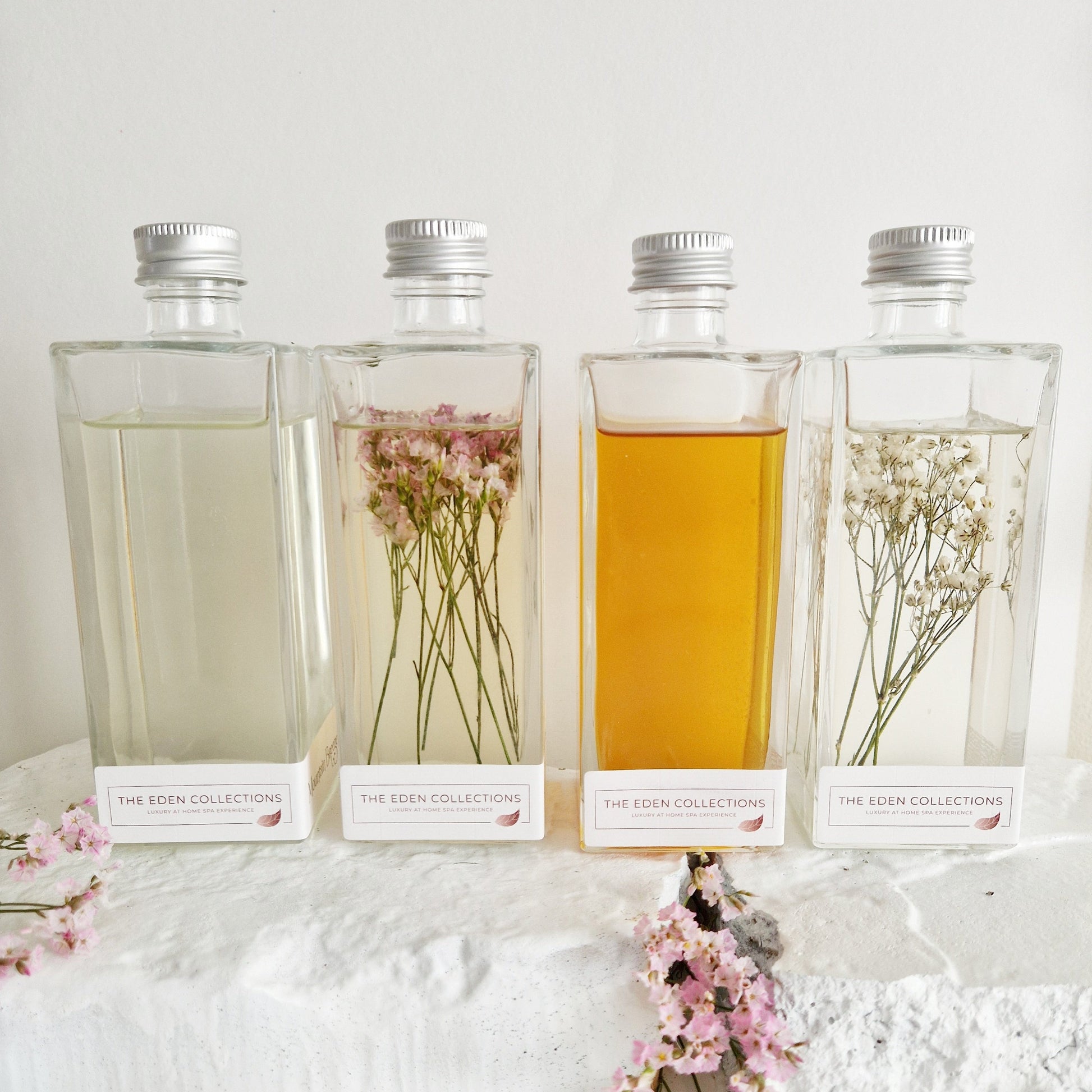 4 all natural reed diffuser in 2 different sizes. 4 divine essential oils blends, poured into an elegant, reusable glass bottle. Made by The Eden Collections, in Wales. 