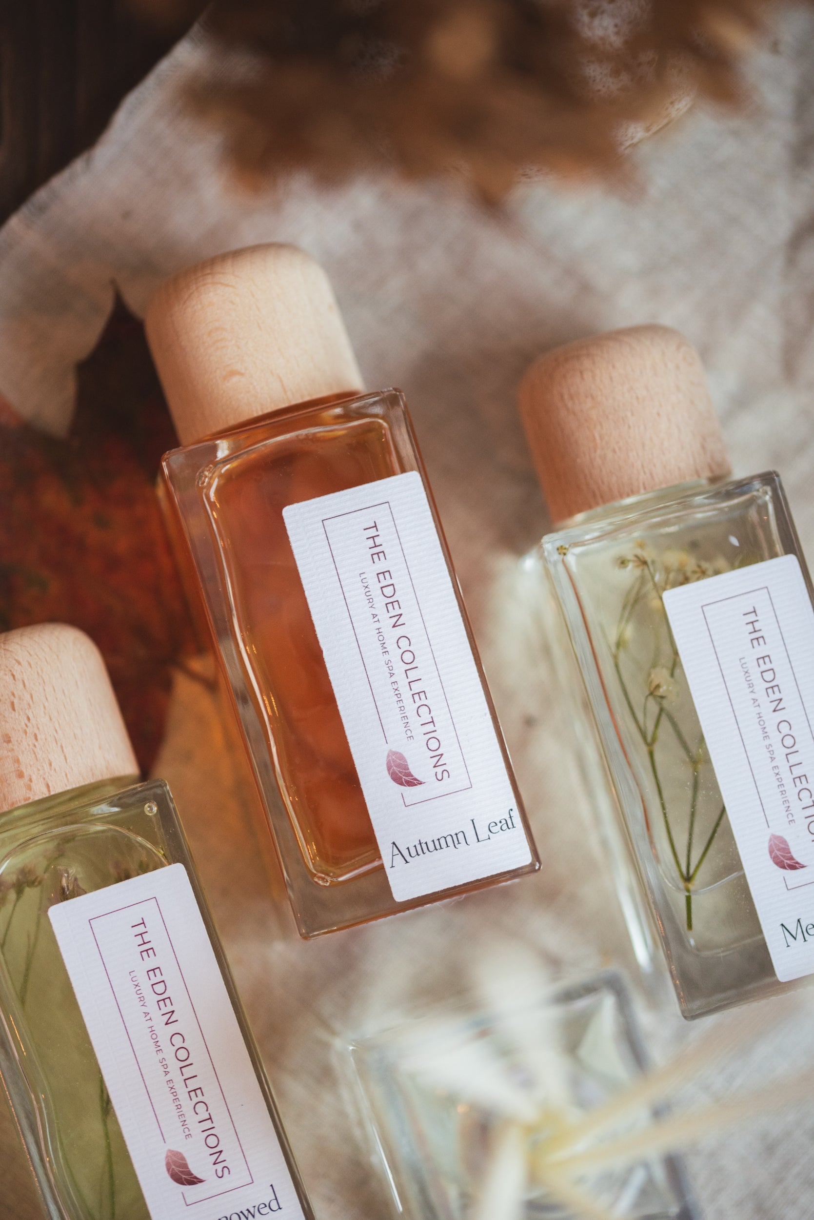 Three aromatherapy reed diffusers by The Eden Collections are laid on a table among autumn leaves. The orange colour is thanks to cedar wood essential oil. Elegant glass jars with wooden cap.