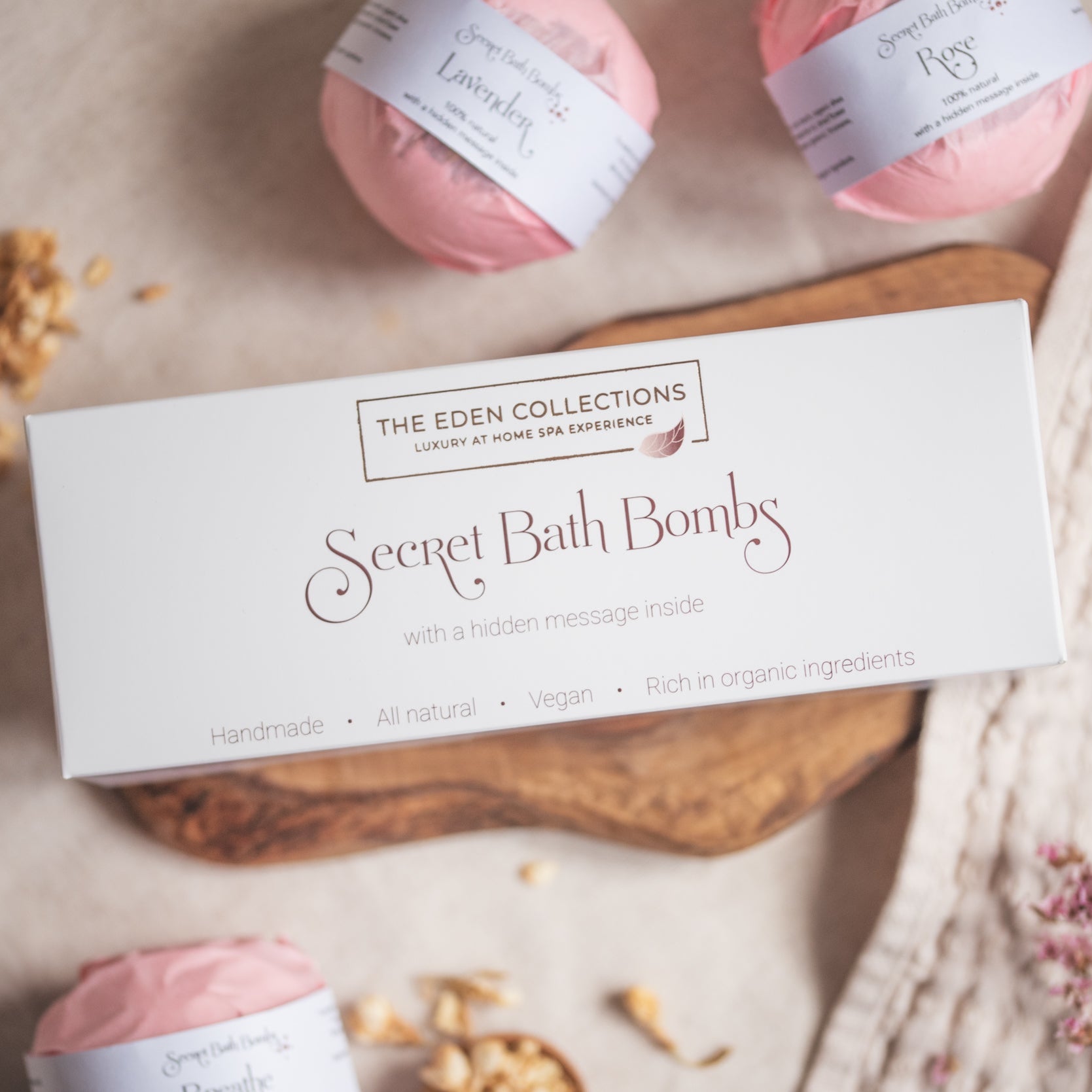 A beautiful, elegant bath bomb gift box, made by The Eden Collections. It includes, Rose, Lavender and citrus natural bath bombs.