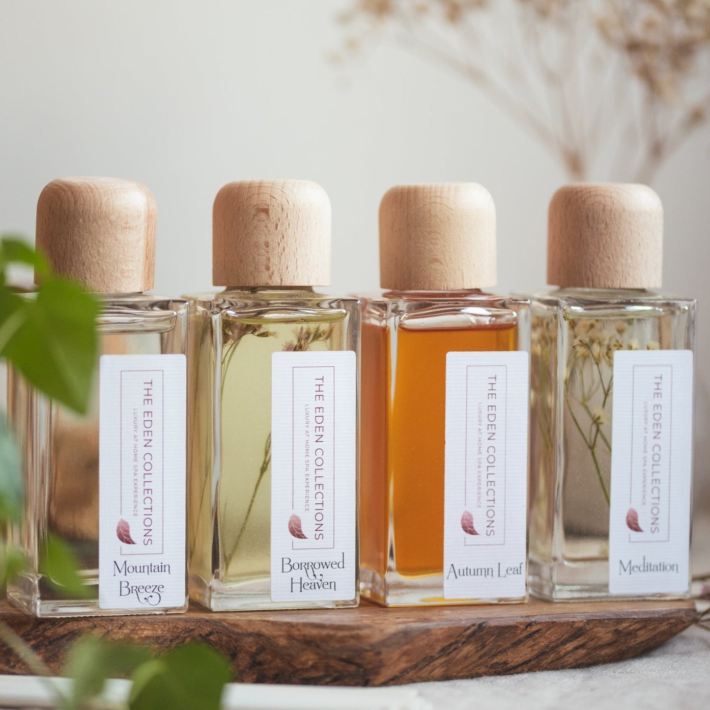 The Eden Collections aromatherapy reed diffuser range is photographed together on a wooden tray. The diffusers are in elegant glass jars with wooden cap.